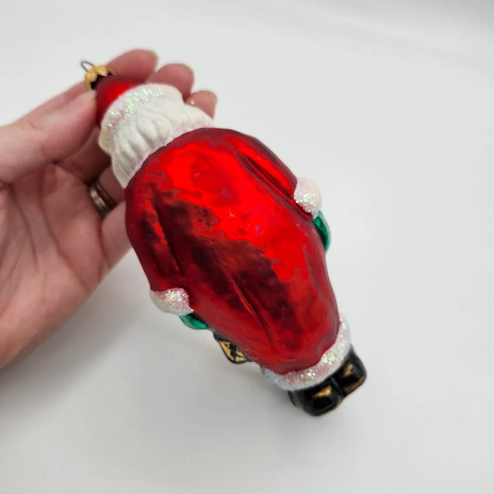 Vintage Poland Hand Blown Glass Santa Ornament Red Coat Lantern‎ Crescent Shape